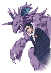 1boy claws fangs formal_clothes gen_1_pokemon giovanni_(pokemon) gym_leader hands_in_pockets male_focus nidoking nintendo pokemon pokemon_(creature) simple_background suit takanashi_ringo team_rocket