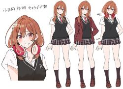 1girl arm_at_side black_socks black_sweater_vest blush breasts brown_eyes brown_hair brown_shoes closed_mouth collared_shirt commentary_request diagonal-striped_clothes diagonal-striped_necktie grin hair_between_eyes headphones headphones_around_neck jacket kohinata_iroha_(imouuzai) lapels loafers long_hair looking_at_viewer miniskirt multiple_views necktie notched_lapels official_art open_clothes open_jacket open_mouth plaid_clothes plaid_skirt pleated_skirt red_jacket red_necktie school_uniform second-party_source shirt shoes short_sleeves simple_background skirt smile socks standing striped_clothes sweater_vest tomari_(veryberry00) tomodachi_no_imouto_ga_ore_ni_dake_uzai translation_request white_background white_shirt wing_collar