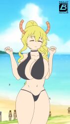 1girl animated beach bikini bl_ant black_bikini blonde_hair bouncing_breasts breasts choker closed_eyes cloud dragon_girl dragon_horns facing_viewer female_focus highres horizon horns huge_breasts kobayashi-san_chi_no_maidragon looping_animation lucoa_(maidragon) mountain navel ocean outdoors people ponytail sand side_to_side smile solo sound swimsuit tagme thick_thighs thighs video w_arms wide_hips