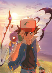 Rule 34 | 1boy, absurdres, ash ketchum, belt, belt buckle, black hair, blue jacket, brown belt, brown eyes, buckle, butterfree, cloud, commentary request, day, emo qianzi, fingerless gloves, gen 1 pokemon, gloves, green gloves, hand on headwear, hand up, hat, highres, holding, holding poke ball, jacket, male focus, nintendo, open clothes, open jacket, outdoors, pants, poke ball, poke ball (basic), pokemon, pokemon (anime), pokemon (classic anime), pokemon (creature), shirt, short hair, sky, sun