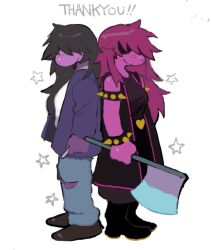 1girl armlet axe back-to-back black_boots black_hair black_jacket black_shirt blue_pants boots bracelet commentary deltarune dual_persona english_text furry furry_female hair_over_eyes holding holding_axe jacket jewelry long_hair nas_u pants purple_hair purple_jacket reptile_girl shirt sleeveless sleeveless_jacket smile spiked_armlet spiked_bracelet spikes star_(symbol) susie_(dark_world)_(deltarune) susie_(deltarune) symbol-only_commentary thank_you torn_clothes torn_pants white_shirt