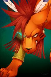 1boy animal_ears animal_nose bangle bracelet claws clenched_teeth close-up commentary earrings english_commentary facial_mark fangs feather_hair_ornament feathers final_fantasy final_fantasy_vii flaming_eye furry furry_male hair_ornament jewelry just_peachy looking_at_viewer male_focus mane red_fur red_hair red_xiii scar scar_across_eye scar_on_face signature teeth