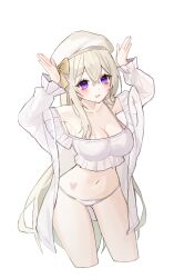1girl absurdres armpits arms_up bare_shoulders bikini blonde_hair boong0619 breasts cleavage commentary_request commission crop_top cropped_legs hat highres jacket korean_commentary long_hair long_sleeves looking_at_viewer medium_breasts navel off_shoulder open_clothes open_jacket open_mouth original purple_eyes second-party_source see-through_clothes see-through_jacket shirt simple_background smile solo stomach string_bikini swimsuit thighs very_long_hair white_background white_bikini white_hat white_jacket white_shirt