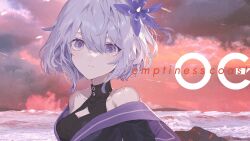 1girl bare_shoulders black_collar breasts cleavage_cutout closed_mouth clothing_cutout cloud cloudy_sky collar dark_clouds flower hair_between_eyes hair_flower hair_ornament highres hinayuri looking_at_viewer medium_breasts medium_hair ocean original outdoors purple_eyes purple_flower purple_hair sky solo upper_body