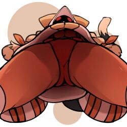 1girl animal_ears beecon_(bee_niji) blazblue blonde_hair bow braid breasts cat_ears cat_girl cat_tail commentary_request cowboy_shot from_below hair_bow hood hood_up hoodie large_breasts looking_at_viewer looking_down open_mouth orange_bow panties red_eyes red_panties simple_background solo tail taokaka twin_braids underboob underwear upskirt white_background white_hoodie