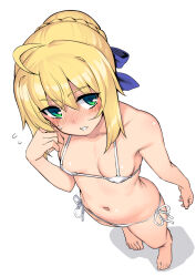 1girl ahoge artoria_pendragon_(fate) bare_shoulders barefoot bikini blonde_hair blush braid braided_bun breasts collarbone fate/grand_order fate/stay_night fate/unlimited_blade_works fate/unlimited_codes fate/zero fate_(series) feet green_eyes hair_bun hair_ribbon looking_at_viewer midriff namonashi navel ribbon saber_(fate) short_hair side-tie_bikini_bottom sidelocks small_breasts solo swimsuit toenails toes white_bikini
