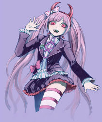 1girl black_jacket blush bow child collared_shirt crazy_eyes danganronpa_(series) danganronpa_another_episode:_ultra_despair_girls ears eyebrows fake_horns female_focus fingernails frilled_skirt frills hairband hand_up headband horned_headwear horns jacket long_hair long_sleeved_jacket long_sleeves looking_at_viewer lower_teeth_only matching_hair/eyes open_mouth palms pink_eyes pink_hair pink_hairband pink_headband pink_headwear pink_horns purple_background red_bow shirt simple_background skirt solo standing striped_clothes striped_thighhighs teeth thighhighs twintails upper_teeth_only utsugi_kotoko white_shirt
