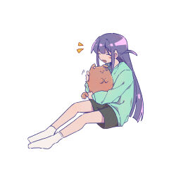 1girl :d ^_^ aijou_karen animal animalization black_shorts blunt_bangs blunt_ends blush chinese_commentary closed_eyes commentary_request dog full_body green_shirt hands_up highres holding holding_animal holding_dog long_hair long_sleeves motion_lines no_shoes one_eye_closed one_side_up open_mouth purple_hair rei931218 shirt shorts shoujo_kageki_revue_starlight sidelocks simple_background sitting smile socks tsuyuzaki_mahiru very_long_hair white_background white_socks