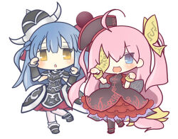 2girls ahoge armor armored_boots armored_dress avenger_alma black_armor black_boots black_dress black_jacket black_thighhighs blue_eyes blue_hair boots bow chibi chinese_clothes dress emil_chronicle_online frilled_dress frills hair_bow helm helmet homurabi jacket jiangshi long_hair multiple_girls ofuda open_mouth paw_pose pink_hair red_dress side_ponytail specter_alma thighhighs very_long_hair white_background yellow_bow yellow_eyes