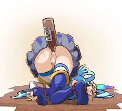 1girl alcohol alcohol_enema anal anal_object_insertion anus aqua_(konosuba) ass bare_shoulders bdsm blue_hair blue_shirt blue_thighhighs bondage bottle bottle_insertion bound censored convenient_censoring detached_sleeves enema female_focus from_behind hair_rings highres hitotose_rin kono_subarashii_sekai_ni_shukufuku_wo! long_hair no_panties object_insertion red_rope rope shirt simple_background skirt solo suggestive_fluid thighhighs top-down_bottom-up vomiting_rainbows white_sleeves white_thighhighs wrists_to_ankles