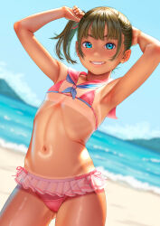 1girl armpits arms_up beach bikini blue_eyes blue_sky blush brown_hair cameltoe cowboy_shot day flat_chest highres horizon loli long_hair looking_at_viewer navel ocean original outdoors pink_bikini pink_sailor_collar revision sailor_collar short_hair side_ponytail sidelocks sky standing swimsuit tan tanline teeth uzuki_mei
