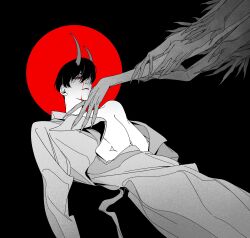 1boy benkdjjituibot black_background black_hair blood blood_on_face bloody_tears coat demon_horns fingernails hair_over_one_eye hand_on_another&#039;s_chin highres horns leaning_back long_fingernails looking_at_another lying omniscient_reader&#039;s_viewpoint on_back out_of_frame partially_undressed pectoral_cleavage pectorals people reaching reaching_towards_another short_hair spot_color sun_behind_head too_many_hands white_coat