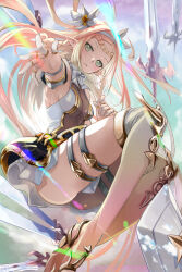 1girl absurdres blonde_hair blush bound bound_arms braid braided_bangs breasts commentary elbow_pads elf epic_seven finger_cots floating floating_object floating_weapon flower full_body green_eyes hair_flower hair_ornament hairband highres iseria_(epic_seven) l.f. legwear_garter long_hair looking_at_viewer medium_breasts multiple_swords no_panties outdoors pointy_ears skirt skirt_set thigh_strap thighhighs thorns thumb_ring white_flower
