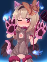 1boy 1girl animal_collar animal_hair_ornament animal_hands belt black_hairband black_wings blush bodysuit breasts checkered_ribbon cleft_of_venus collar dark_feather_alma emil_chronicle_online fake_tail fireball gloves hair_ribbon hairband heart heart-shaped_pupils highres leash loli multiple_belts nipples nose_blush one_eye_closed paw_gloves pointy_ears pussy ribbon rna0 see-through_bodysuit see-through_clothes small_breasts symbol-shaped_pupils tail wings