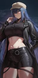 1girl artist_logo black_jacket black_shirt black_shorts blue_eyes blue_hair borrowed_character breasts brown_hat closed_mouth commentary commission cowboy_shot crop_top cropped_shirt english_commentary groin hair_between_eyes hand_up hat highres jacket large_breasts logo long_hair long_sleeves looking_at_viewer midriff navel open_clothes open_jacket original second-party_source shirt shorts sidelocks solo standing upper_body vloodozer