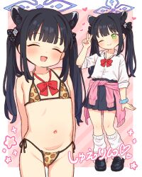 1girl animal_ear_fluff animal_ears animal_print bikini black_hair black_shoes black_skirt blue_archive blue_halo blush bow bowtie cat_ears cat_girl closed_eyes closed_mouth clothes_around_waist extra_ears flat_chest green_eyes gyaru halo heart jacket jacket_around_waist leopard_print leopard_print_bikini loli long_hair loose_socks miniskirt multiple_views navel one_eye_closed onyhakase open_mouth pink_jacket pleated_skirt red_bow red_bowtie school_swimsuit scrunchie shirt shoes shun_(blue_archive) shun_(small)_(blue_archive) side-tie_bikini_bottom skirt smile socks string_bikini swimsuit three-quarter_sleeves twintails v white_shirt white_socks wrist_scrunchie