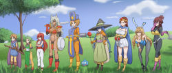1boy akayukizero animal_ears black_pantyhose blue_leotard cosplay dragon_quest dragon_quest_iii elf elinalise_dragonroad eris_greyrat ghislaine_dedoldia hilda_boreas_greyrat leotard lillia_greyrat lineup multiple_girls mushoku_tensei pantyhose parody playboy_bunny pointy_ears priestess roxy_migurdia rudeus_greyrat slime_(dragon_quest) staff sylphiette_(mushoku_tensei) zenith_greyrat