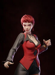 Rule 34 | 1girl, breasts, brown eyes, cleavage, curvy, dress, earrings, female focus, formal clothes, huge breasts, jewelry, large breasts, long sleeves, pale skin, pantyhose, red hair, see-through clothes, short hair, shorts, skirt, standing, suit, teo weihow, the king of fighters, thick lips, thick thighs, thighs, vice (kof), weihow, weihow3d, wide hips