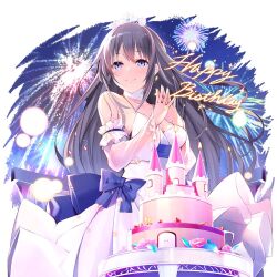 Rule 34 | 1girl, bare shoulders, birthday cake, black hair, blue eyes, breasts, cake, choker, detached sleeves, dress, emma beauty, fireworks, food, medium breasts, nekomu, uchi no hime-sama ga ichiban kawaii, white choker, white dress