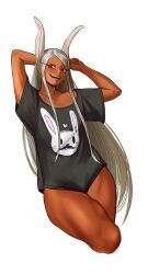 1girl :d absurdres alternate_costume animal_ears animal_print arms_behind_head bare_legs black_shirt boku_no_hero_academia collarbone commentary cropped_legs dark-skinned_female dark_skin english_commentary highres hitomazuk long_eyelashes long_hair looking_at_viewer mirko open_mouth parted_bangs print_shirt rabbit_ears rabbit_girl rabbit_print red_eyes shirt short_sleeves simple_background smile solo teeth thick_thighs thighs toned toned_female very_long_hair white_background white_hair
