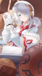 1girl absurdres aqua_eyes bakery black_survival blurry blurry_background bread buttons closed_mouth commentary english_commentary eternal_return:_black_survival eyepatch food hair_over_one_eye hands_up hat highres long_hair long_sleeves looking_ahead low_twintails medical_eyepatch nail_polish neckerchief oven_mitts pink_nails red_neckerchief schoppi_0731 shoes shop sidelocks sissela_kyle smile solo twintails white_hair white_hat white_shoes