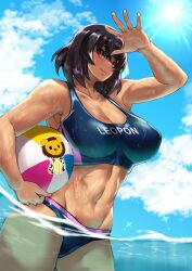 1girl ball bare_arms bare_shoulders beachball bikini black_hair blue_bikini blue_sky bougainvillea_(unnryuu) breasts cleavage collarbone commentary dark-skinned_female dark_skin day girls_und_panzer green_eyes hashtag-only_commentary highres hoshino_(girls_und_panzer) large_breasts lens_flare leopon_(animal) medium_breasts navel ocean open_hand outdoors partially_submerged partially_underwater_shot rainbow revision sky smile solo stomach sun swimsuit thighs toned wet
