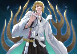 1boy :d bankai black_hakama bleach bleach:_sennen_kessen-hen blonde_hair bob_cut brown_eyes commentary fighting_stance floating_hair grin hakama hand_up haori highres hirako_shinji holding holding_sword holding_weapon japanese_clothes kuni_929 long_sleeves looking_at_viewer male_focus mature_male necktie open_mouth sakashima_yokoshima_happoufusagari short_hair simple_background smile solo sword taichou_haori teeth tsurime v-shaped_eyebrows weapon white_necktie wide_sleeves
