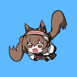 1girl angelina_(arknights) animal_ears animated animated_gif arknights bag black_bag blue_background brown_hair chibi chinese_commentary commentary_request earclip earpiece fox_ears full_body hairband helicopter_hair highres jacket long_hair long_sleeves madeli_si_ji messenger_bag open_clothes open_jacket open_mouth piercing red_eyes red_hairband red_jacket shoulder_bag simple_background solo striped_clothes striped_hairband twintails white_jacket