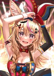 1girl absurdres ahoge animal_ear_fluff animal_ears armpits arms_up black_hair black_sleeves blonde_hair blue_shirt breasts cleavage fox_ears fox_girl gloves hair_ornament hat heart heart-shaped_pupils heart_hands highres hololive jester_cap long_hair looking_at_viewer medium_breasts omaru_polka omaru_polka_(1st_costume) open_mouth pink_hair purple_eyes red_gloves red_shirt rum_raisin_(chihiromakita19) shirt single_glove single_sleeve smile solo symbol-shaped_pupils two-tone_shirt virtual_youtuber white_wrist_cuffs wrist_cuffs x_hair_ornament