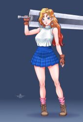 absurdres blue_eyes boots can&#039;t_be_this_cute highres legs miniskirt non-web_source red_hair skirt solo super_cute sword warrior weapon
