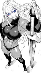 Rule 34 | abs, biceps, black gloves, black thighhighs, blue eyes, bridal gauntlets, character request, copyright request, crop top, elbow gloves, foreshortening, gloves, grin, highres, holding, holding sword, holding weapon, monochrome, muscular, muscular female, obliques, smile, stirrup legwear, sword, thighhighs, toeless legwear, tsurime, weapon, websake, white hair