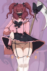 1girl absurdres black_skirt breasts can coin collar highres holding holding_can holding_scythe jirai_kei large_breasts looking_at_viewer mask monster_energy mouth_mask onozuka_komachi panties pink_shirt purple_background red_eyes red_hair scythe shirt skirt solo spiked_collar spiked_ring spikes sweat thigh_strap thighhighs touhou twintails two_side_up underwear white_panties white_thighhighs yamada_(894921678)