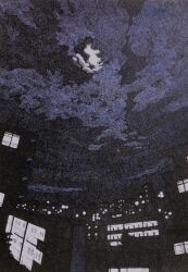 Rule 34 | apartment, blue sky, building, cloud, cloudy sky, dark, from below, highres, ibsukionsen, moonlight, night, night sky, no humans, original, painting (medium), scenery, shadow, sky, sky focus, traditional media
