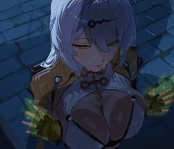 1boy 1girl black_gloves breasts brick_floor cleavage closed_mouth commentary english_commentary fingerless_gloves from_above gloves hair_ornament hairclip highres hintobento jacket large_breasts long_hair mole mole_on_breast open_clothes open_jacket solo white_hair wise_(zenless_zone_zero) yellow_eyes yellow_jacket yin_yang_pin yixuan_(zenless_zone_zero) zenless_zone_zero