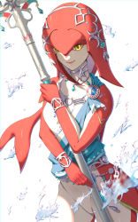 1girl absurdres blush bracelet breasts closed_mouth colored_skin commentary_request cowboy_shot fins fish_girl gem hair_ornament highres holding holding_weapon jewelry lips long_hair looking_at_viewer mipha monster_girl multicolored_skin nintendo no_eyebrows pointy_ears polearm red_hair red_skin simple_background small_breasts smile solo spear standing the_legend_of_zelda the_legend_of_zelda:_breath_of_the_wild wakagon0727 water weapon white_background yellow_eyes zora