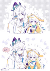 2girls absurdres bags_under_eyes blush choker closed_eyes closed_mouth commentary_request demon_tail english_text hat highres holding_another&#039;s_tail horns jewelry long_hair miyachi_(tanya_visha) mole mole_under_eye multiple_girls necklace phoebe_(wuthering_waves) smile speech_bubble tail thought_bubble wuthering_waves zani_(wuthering_waves)