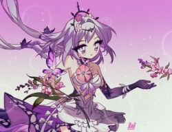 Rule 34 | 1990s (style), 1girl, artist logo, asymmetrical gloves, bare shoulders, black tiara, breasts, bug, butterfly, castorice (honkai: star rail), commentary, cowboy shot, dress, english commentary, faux retro artstyle, floating hair, flower, gloves, gradient background, hair flower, hair intakes, hair ornament, hand on own hip, honkai: star rail, honkai (series), insect, logo, long hair, low-tied long hair, luwwi, medium breasts, parted lips, pink flower, plant, pointy ears, purple butterfly, purple eyes, purple gloves, purple hair, retro artstyle, simple background, solo, tiara, uneven gloves, very long hair, white dress
