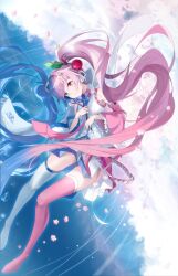 1girl asahi_kuroi asymmetrical_footwear blue_eyes blue_hair boots cherry_hair_ornament cloud commentary_request detached_sleeves flower food-themed_hair_ornament full_body hair_flower hair_ornament hatsune_miku heterochromia highres long_hair miku_day mismatched_footwear necktie pink_eyes pink_hair pink_necktie pink_shoes pink_skirt pink_sleeves sakura_miku scarf shirt shoes signature skirt snowflake_print solo thigh_boots twintails very_long_hair vocaloid white_scarf white_shirt white_shoes white_skirt white_sleeves yuki_miku yuki_miku_(2011)