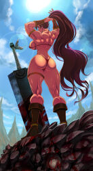 1girl ass bikini butt_crack dragon dragonslayer_(sword) highres muscular muscular_female original shopyun side-tie_bikini_bottom swimsuit tagme thong warrior western_dragon