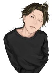 Rule 34 | 1boy, absurdres, artist name, biting own lip, black pants, black shirt, brown eyes, green hair, hair tie, hand in pocket, highres, ino takuma, jujutsu kaisen, long sleeves, looking at viewer, male focus, one eye closed, orz2, pants, shirt, short hair, simple background, solo, standing, upper body, white background
