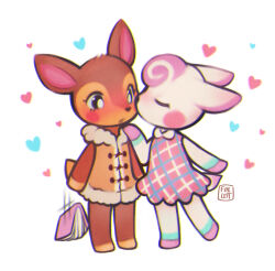 2girls animal_crossing animal_ears blush book chibi chibi_only closed_eyes commentary couple deer_ears deer_girl deer_tail diana_(animal_crossing) dress dropping english_commentary fauna_(animal_crossing) foxlett full_body fur_trim furry furry_female furry_with_furry heart kiss kissing_cheek multiple_girls nintendo signature simple_background standing tail white_background yuri