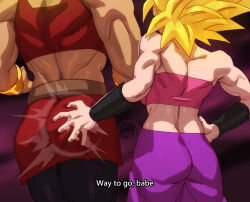 2girls ass_smack breasts caulifla crop_top dragon_ball dragon_ball_super earrings from_behind gold_bracer highres jewelry kale_(dragon_ball) legendary_super_saiyan midriff mlix multiple_girls muscular muscular_female navel pants pink_tube_top purple_pants saiyan simple_background slapping spanked spanking spiked_hair strapless super_saiyan super_saiyan_1 tube_top yuri