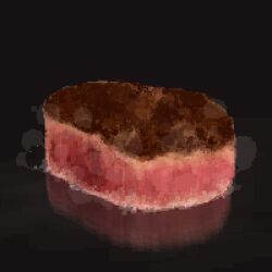 Rule 34 | black background, food, food focus, hisachan55cute, meat, no humans, original, pixel art, reflective surface, simple background, steak, steaming food, still life