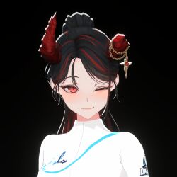 absurdres black_background black_hair bluejump breasts broken_horn broken_horns discusgeon high_ponytail highres horns jacket jegal_geumja large_breasts multicolored_hair one_eye_closed ponytail red_eyes red_hair slit_pupils smile vrchat_(medium) white_jacket