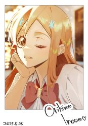 1girl absurdres bleach bow brown_eyes dated female_focus hair_ornament hairclip hand_on_own_cheek hand_on_own_face highres inoue_orihime karakura_high_school_uniform lips long_hair n_(nauki_11) one_eye_closed orange_hair polaroid_photo red_bow school_uniform upper_body wink