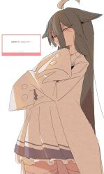 1girl :/ ahoge animal_ears black_hair blush borrowed_clothes closed_mouth coat ears_down expressionless frilled_skirt frills grey_hair hair_between_eyes half-closed_eyes hands_up highres horse_ears horse_girl kandench29 lab_coat long_bangs long_hair long_hair_between_eyes looking_at_viewer manhattan_cafe_(umamusume) multicolored_hair open_clothes open_coat pleated_skirt purple_shirt purple_trim scar scar_on_face shirt shirt_tucked_in simple_background skirt sleeves_past_fingers sleeves_past_wrists solo thighhighs two-tone_shirt umamusume very_long_hair white_background white_coat white_shirt white_skirt white_thighhighs yellow_eyes zettai_ryouiki