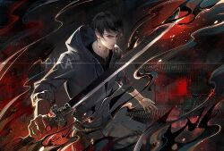 1boy artist_name belt black_hair black_shirt blood blood_on_neck closed_mouth cowboy_shot dao_mu_bi_ji determined fire grey_background grey_belt grey_eyes grey_hoodie grey_pants holding holding_sword holding_weapon hood hood_down hoodie light_frown light_particles lips long_sleeves male_focus pants shirt short_hair solo studded_belt sword thick_eyebrows thigh_belt thigh_strap watermark weapon ye_dian_pikaqiu zhang_qiling