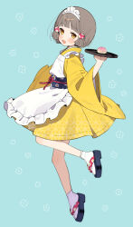 1girl apron commentary_request flat_chest full_body grey_hair highres holding holding_tray japanese_clothes kimono maid maid_headdress moyori okobo original platform_sandals sandals short_hair smile solo tabi tray wa_maid yellow_eyes