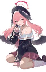 1girl absurdres black_hat black_wings blue_archive fang halo hat head_wings highres koharu_(blue_archive) looking_at_viewer open_mouth pink_eyes pink_hair pink_skirt red_halo simple_background sitting skin_fang skirt solo twintails wariza white_background wings yan_z