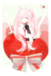 1girl ahoge animal_ears arm_up artist_request black_gloves border bow card cat_ears closed_mouth collared_shirt commentary diamond_(shape) female_focus food fork fruit gloves highres holding holding_fork in_food large_bow long_hair looking_at_viewer loose_necktie necktie one_eye_closed original outside_border oversized_object pink_hair playing_card queen queen_(playing_card) queen_of_diamonds red_bow red_eyes red_necktie shirt short_necktie short_sleeves smile solo strawberry striped_bow twintails very_long_hair white_border white_bow white_shirt wing_collar